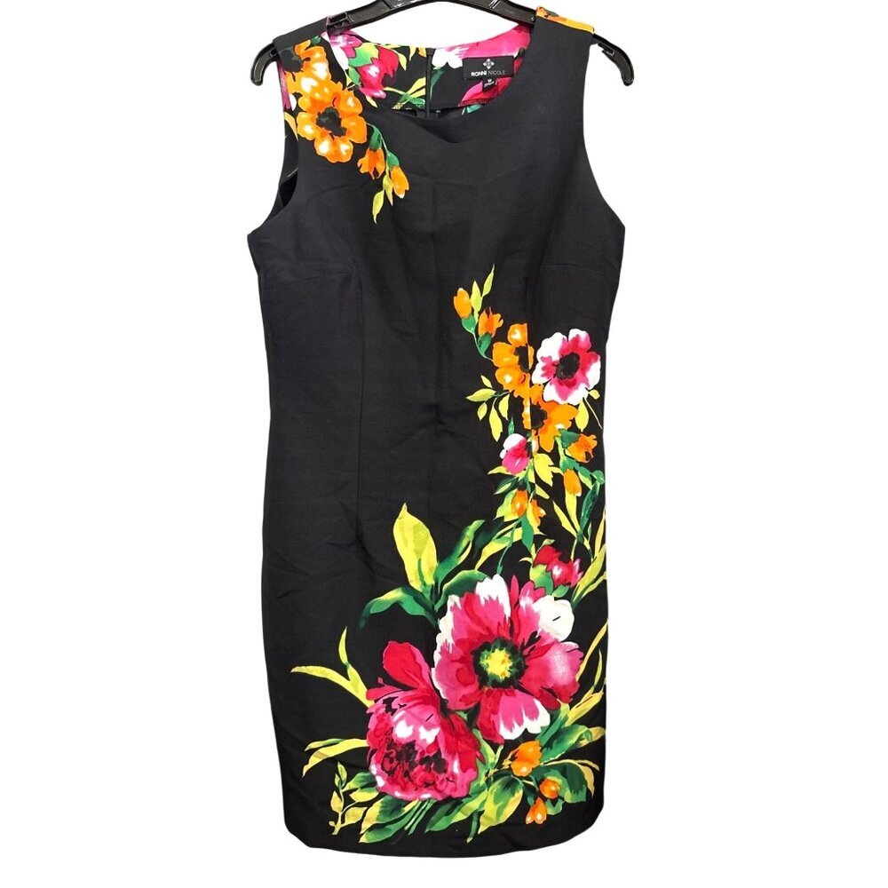 Ronni Nicole Black Floral Sleeveless Sheath Dress‎ Size 12 Vibrant Summer Garden